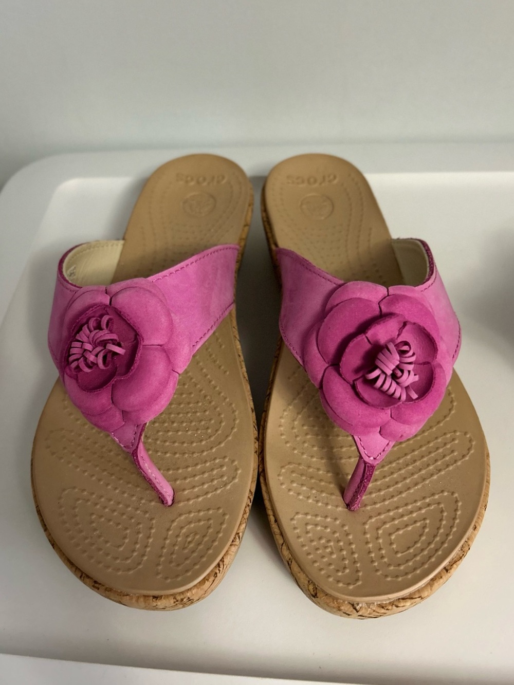 CROCS Pink Floral Cork Wedge Thong Sandals